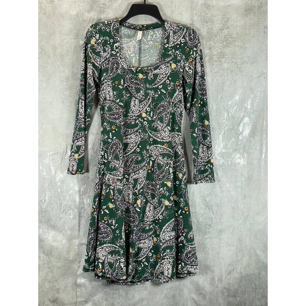 24SEVEN Comfort Apparel Women's Green Paisley-Print Scoop-Neck Long-Sleeve Dress