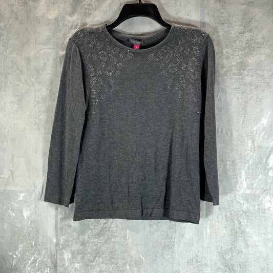 VINCE CAMUTO Women's Medium Heather Grey Crewneck Studded Shoulder Sweater SZ M