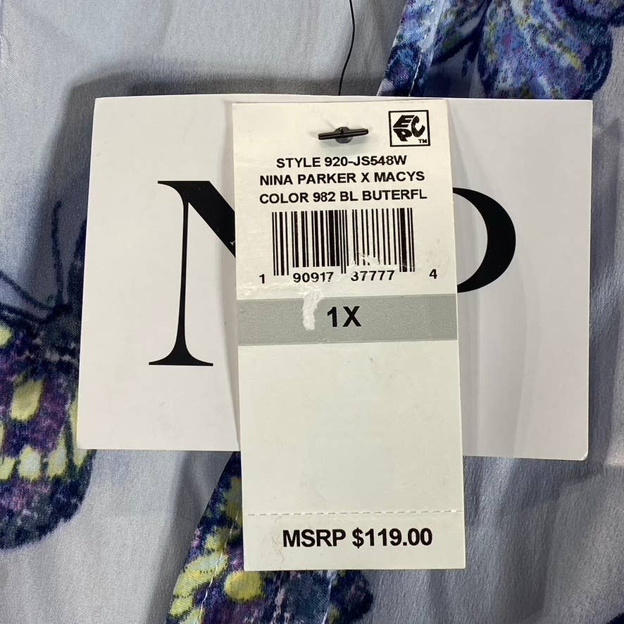 NINA PARKER Women's Plus Blue Butterfly Satin Trendy V-Neck Long-Sleeve Romper