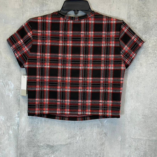 BP. Women's Black-Red Aurora Plaid Crewneck Cutout Short Sleeve Top SZ M