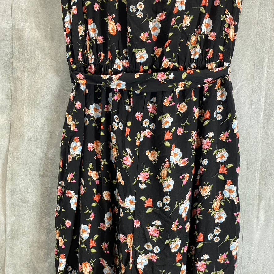 KINGSTON GREY Juniors' Black Floral Ruffle V-Neck Tie-Waist Pant Jumpsuit SZ S