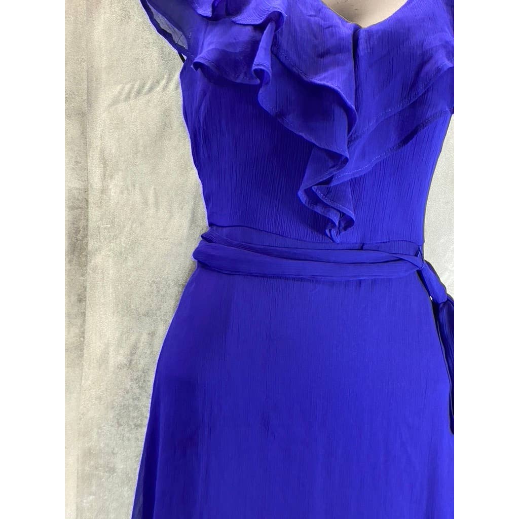 DKNY Women's Blue Ruffle Belted V-Neck Mesh Short-Sleeve Midi Dress SZ 2