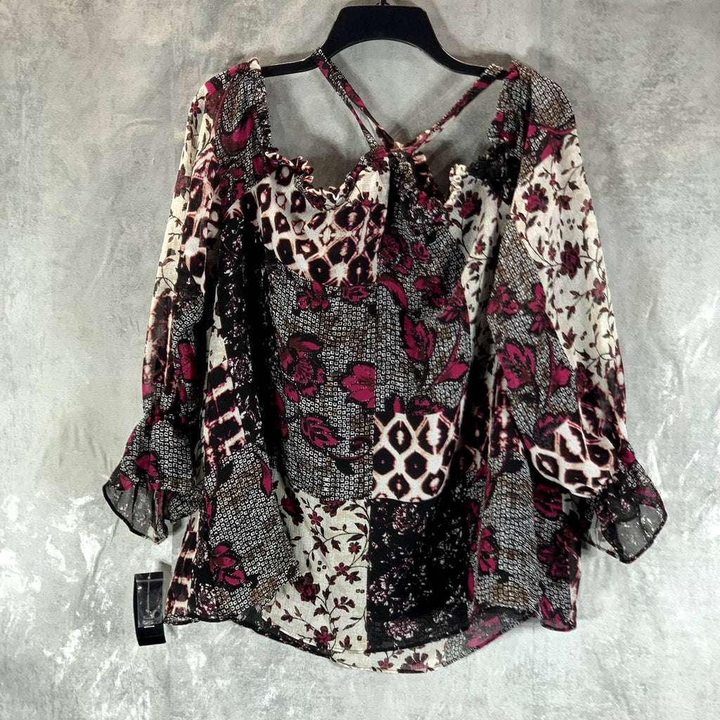 INC INTERNATIONAL Women's Nomad Mix Patchwork Print Cold-Shoulder Top SZ XL