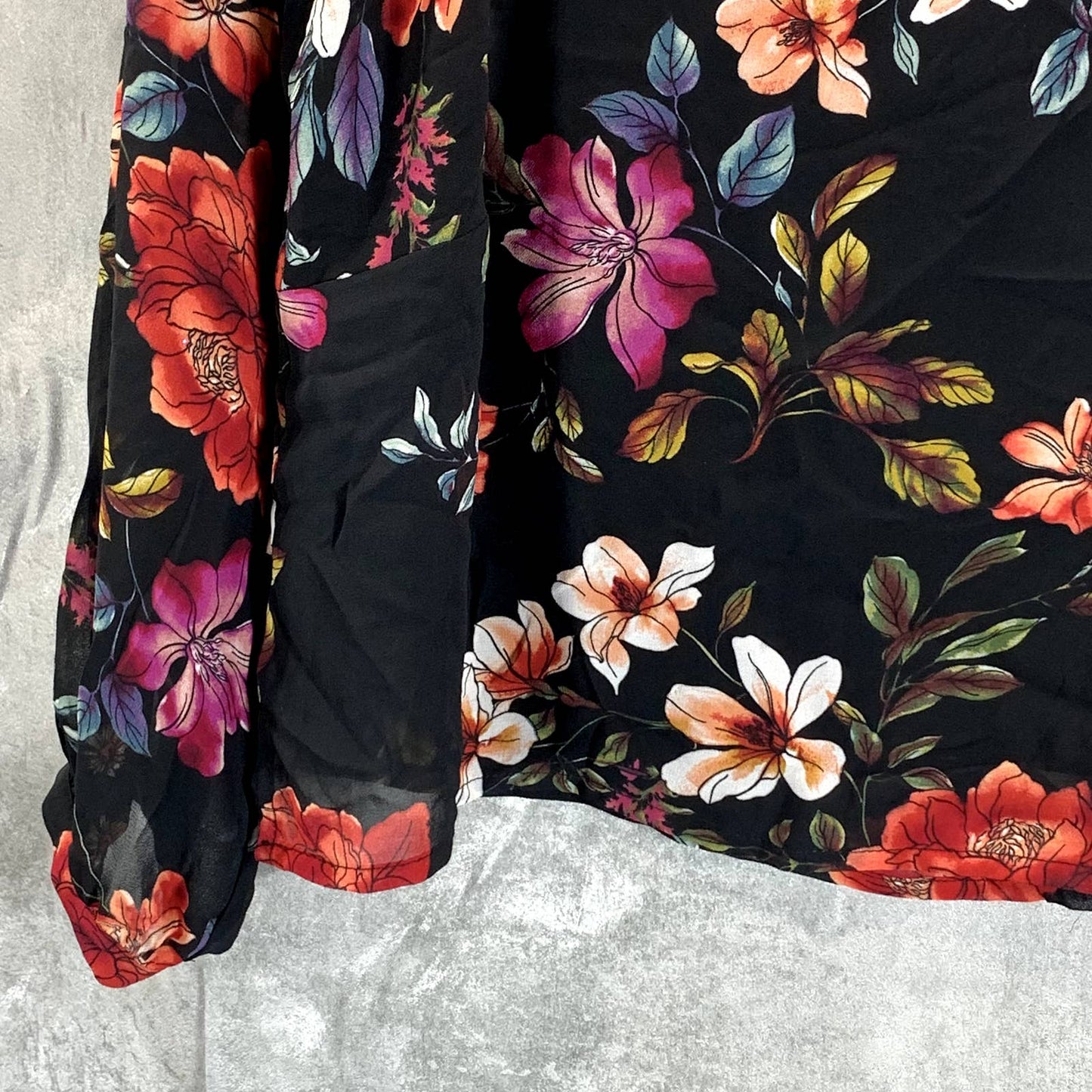 VINC CAMUTO Women's Rich Black Floral-Print Scoop-Neck Long-Sleeve Top SZ XS