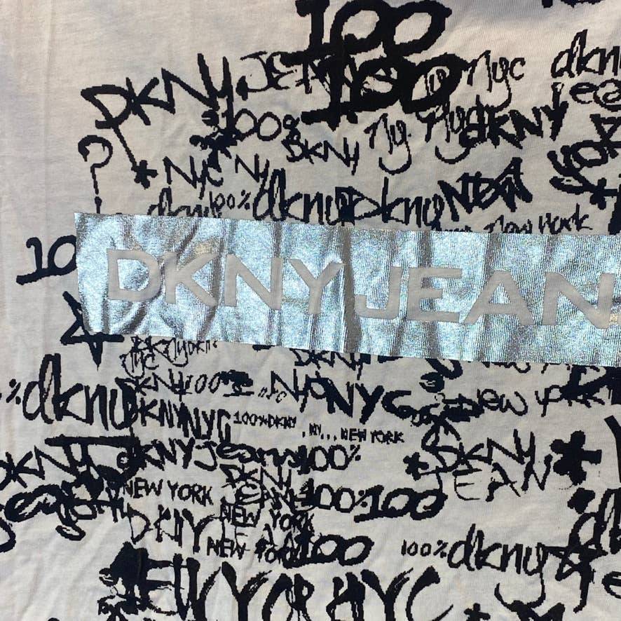 DKNY Jeans Women's Pink Graffiti-Print Metallic Logo Short Sleeve Crewneck T-Shirt SZ S