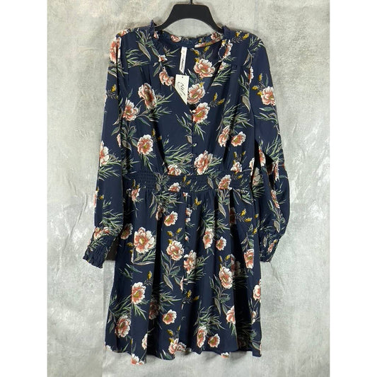 NY COLLECTION Women's Navy Floral V-Neck Smocked Long-Sleeve Fit & Flare Dress