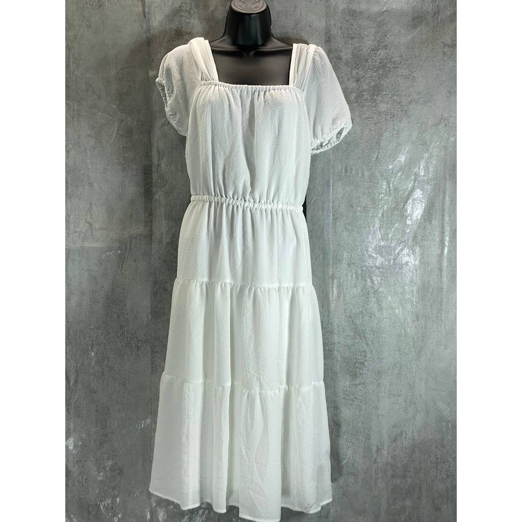 BLACK TAPE Women's White Puff-Sleeve Square Neck Tiered Midi Dress SZ S