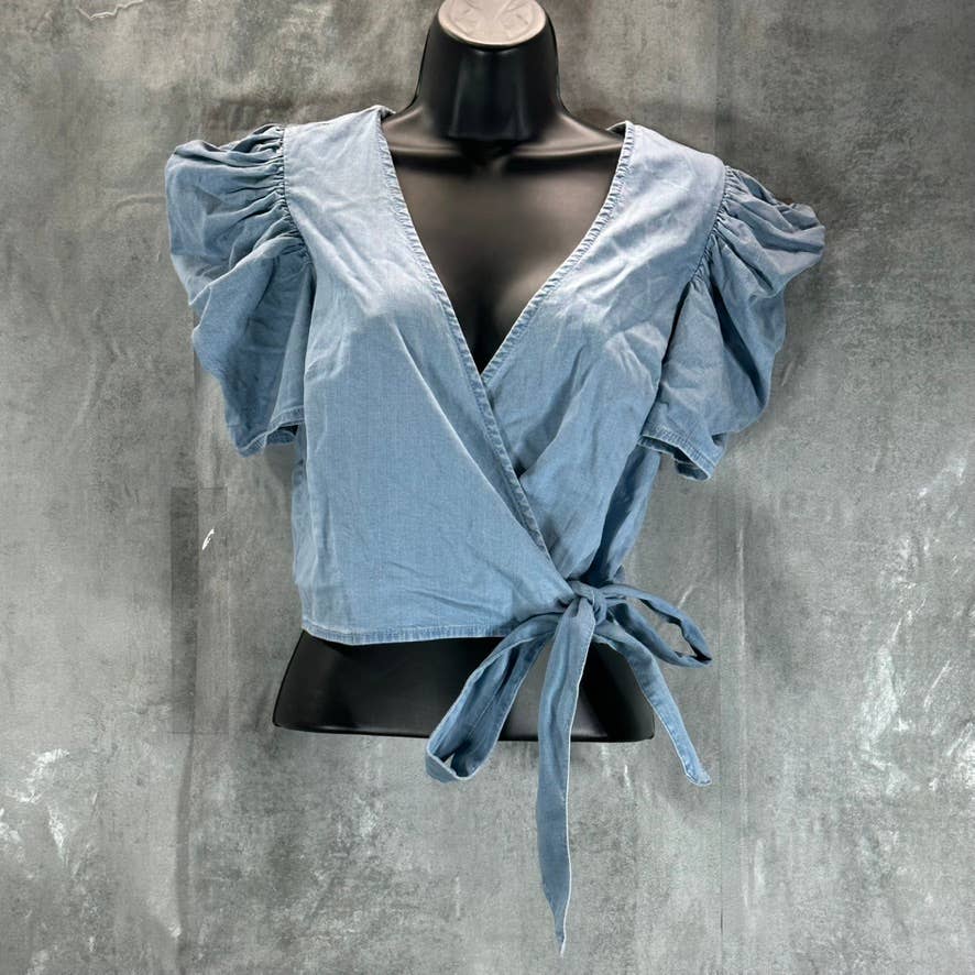 BAR III Women's Indigo Chambray Puff-Sleeve Surplice Wrap-Hem Top SZ S