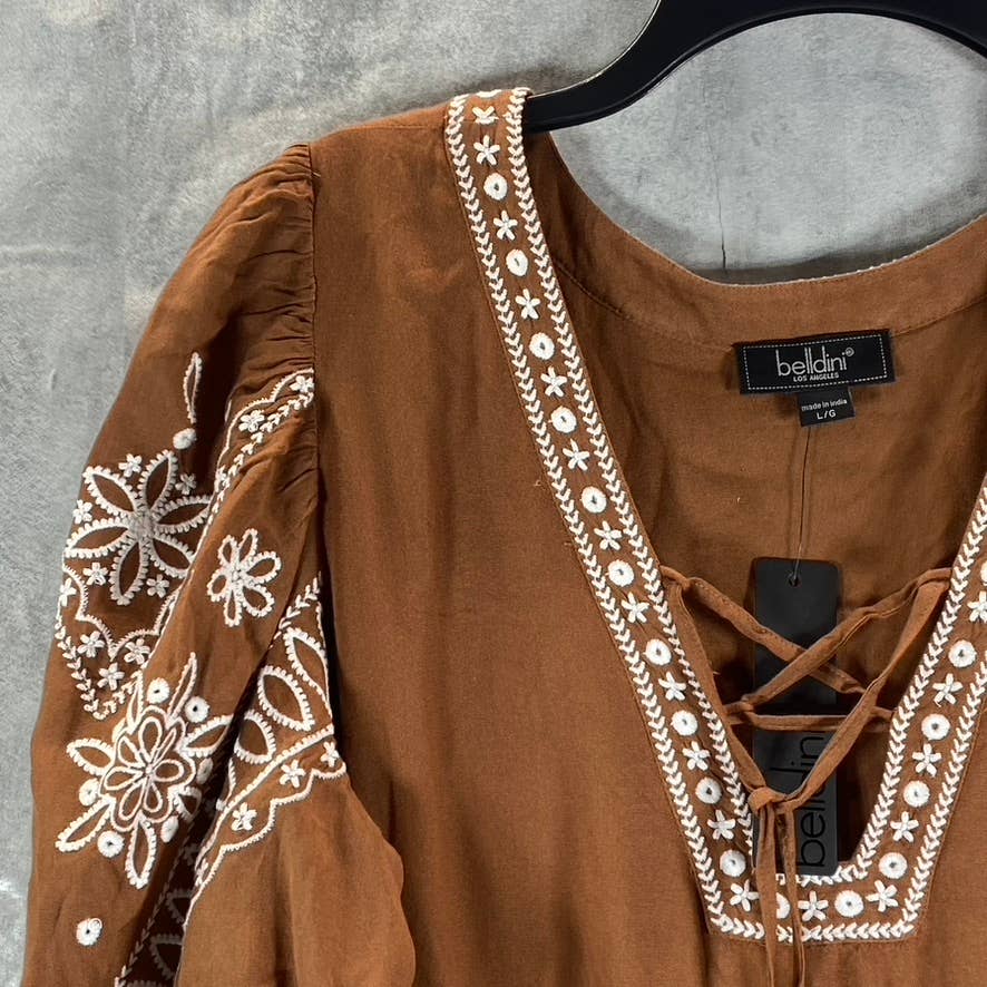 BELLDINI Women's Iced Latte/White Boho Embroidered V-Neck Chic Pocketed Dress