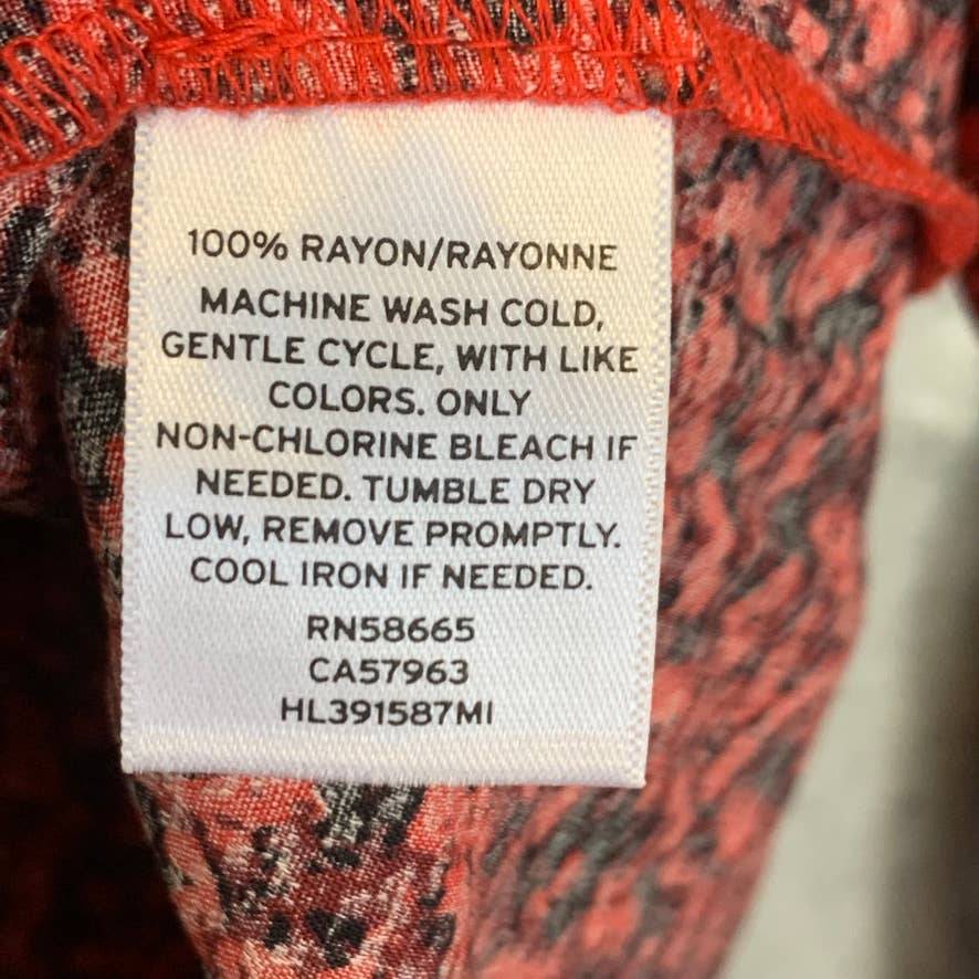 HINGE Red Printed Tie-Neck Long Sleeve Button Front Top SZ M