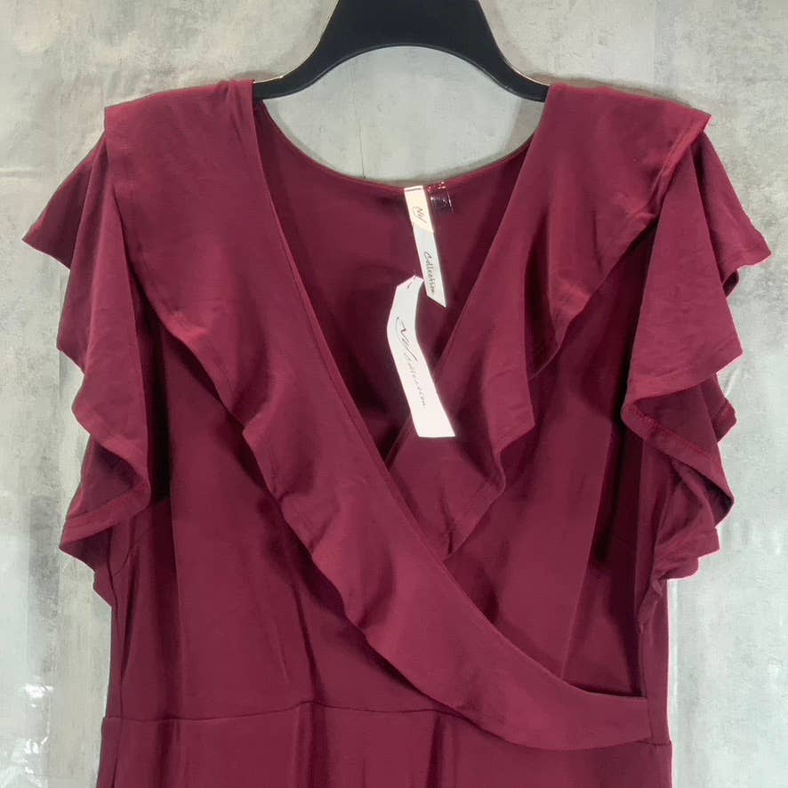 NY COLLECTION Women's Deep Burgundy Ruffle Faux-Wrap Flutter Sleeve Midi Dress L