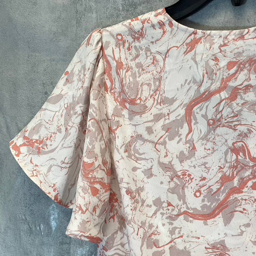 ASTR THE LABEL Women's Pink Marble Flutter Sleeve Surplice Top SZ S