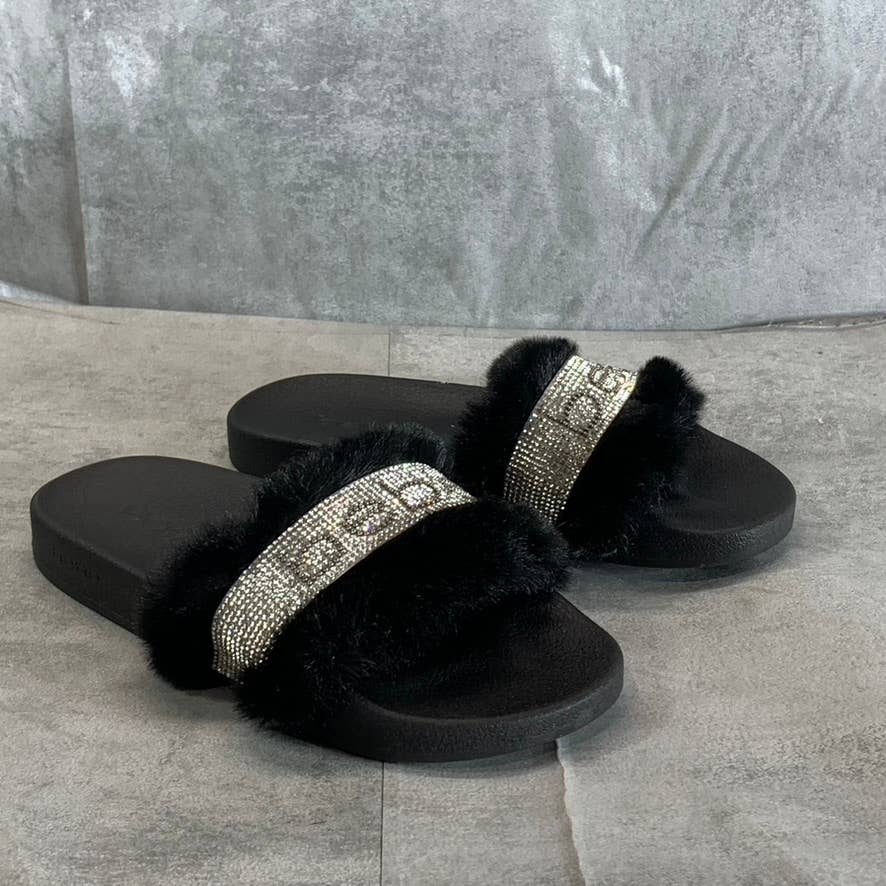 BEBE Women's Flynna Faux-Fur Rhinestone Embellished Slide Sandals SZ 7