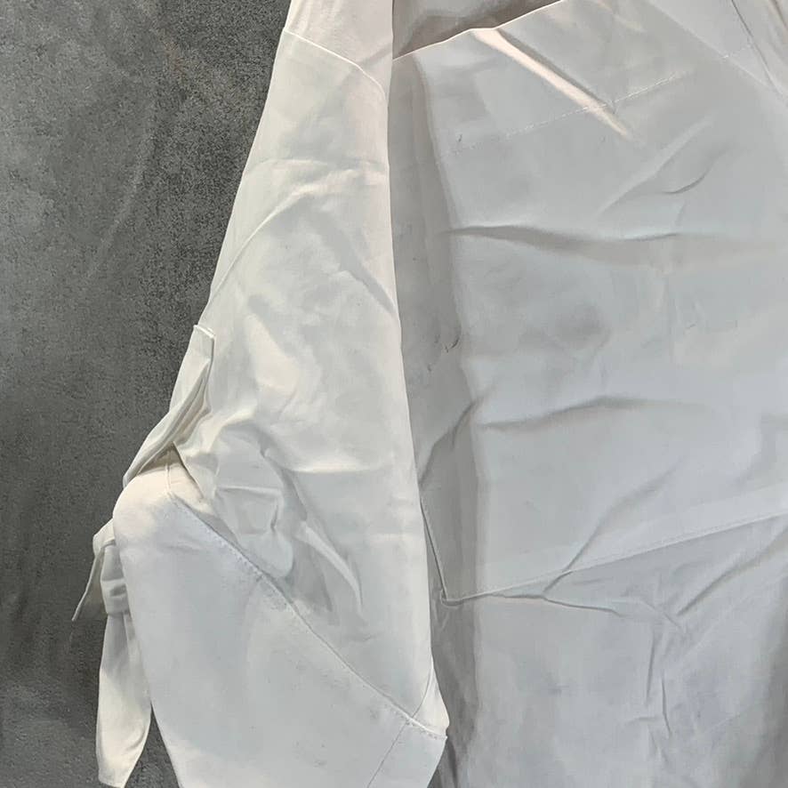 CALVIN KLEIN Women's White Solid V-Neck Elbow Tie-Sleeve Poplin Top SZ S