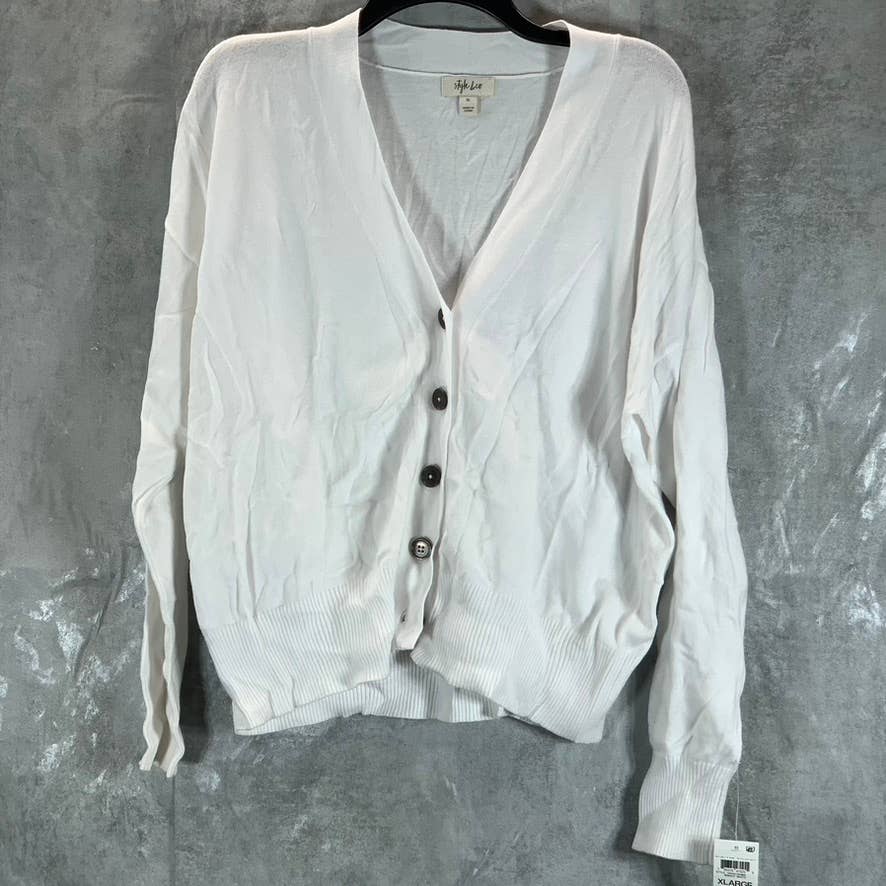 STYLE & CO Women's Bright White V-Neck Ribbed Cropped Button Cardigan SZ XL