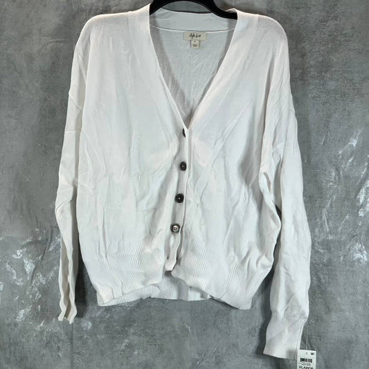 STYLE & CO Women's Bright White V-Neck Ribbed Cropped Button Cardigan SZ XL