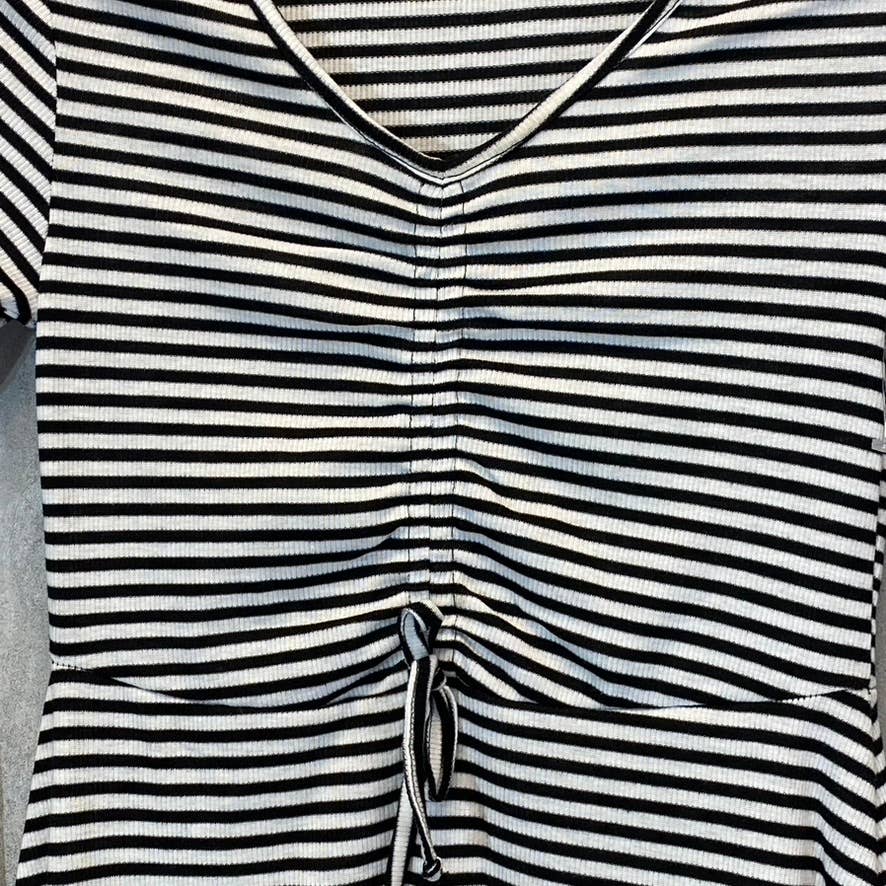 VELVET TORCH Women's Black-White Striped V-Neck 3/4 Sleeve Ruched Mini Dress