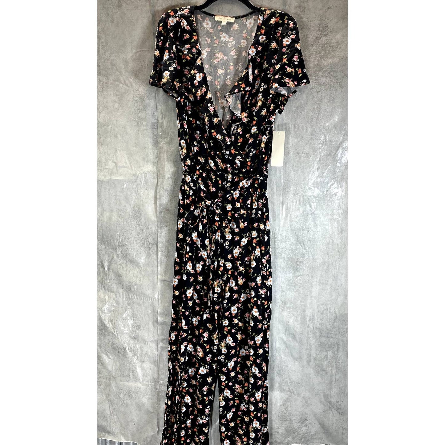 KINGSTON GREY Juniors' Black Floral Ruffle V-Neck Tie-Waist Pant Jumpsuit SZ 2XL