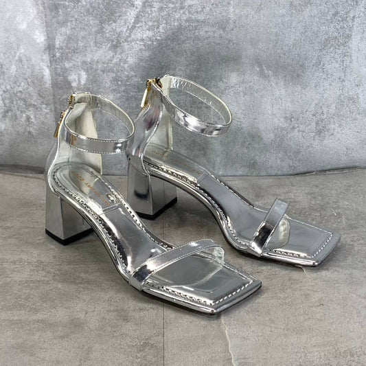 GOOD AMERICAN Women's Silver Metallic Square-Toe Block-Heel Sandals SZ 7