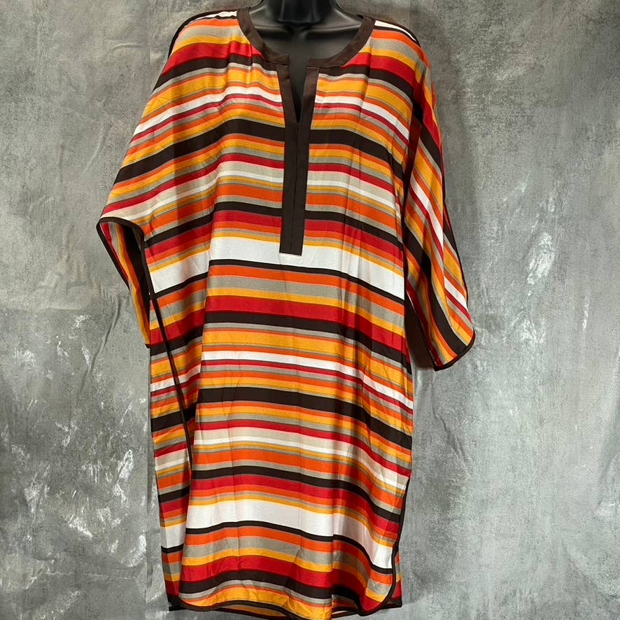 DKNY Women's Multi Striped Split-Neck Elbow-Sleeve Shirttail Dress SZ L