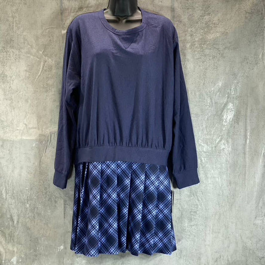 KINGSTON GREY Juniors' Navy Check Pleated Skirt Crewneck Mini Sweater Dress SZ L