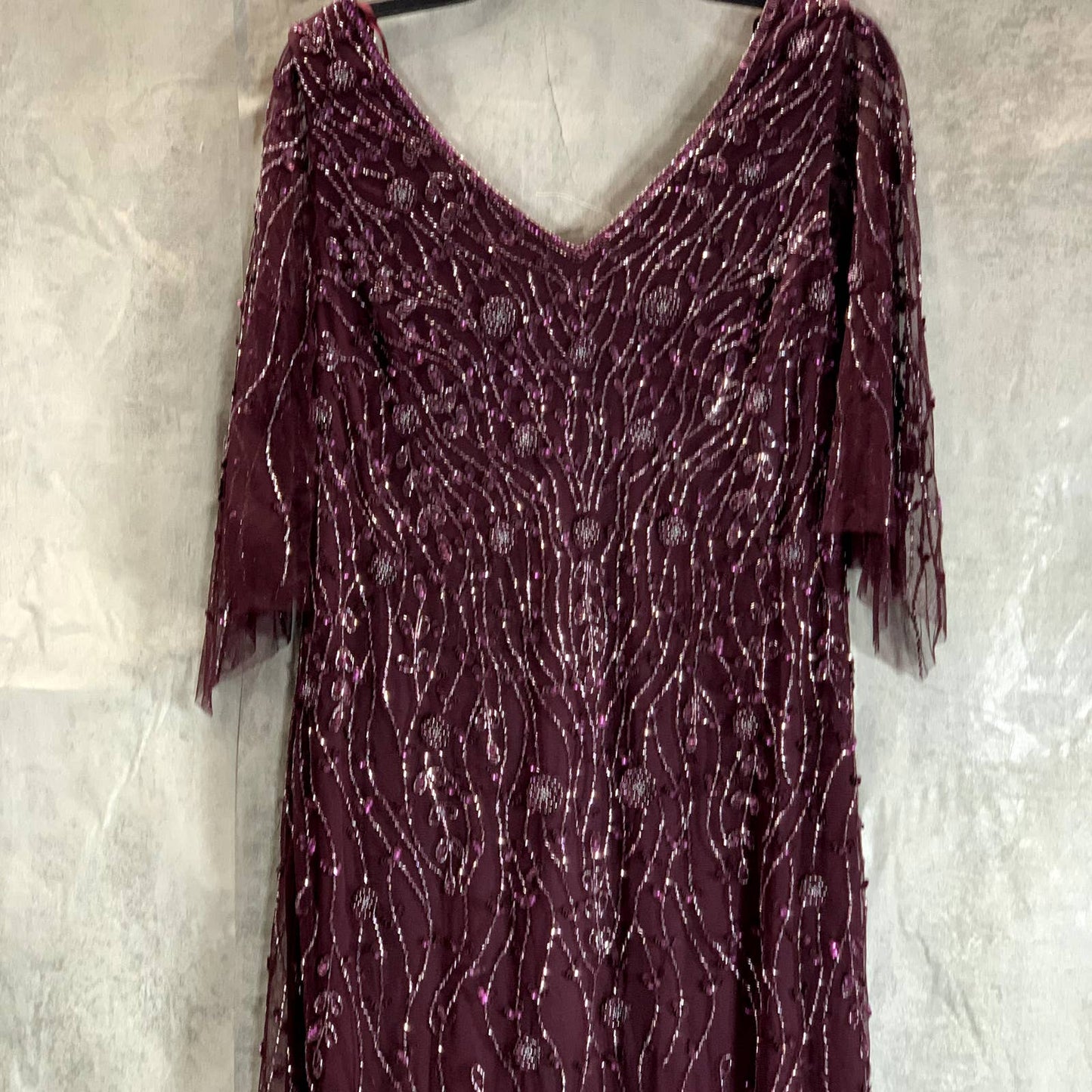 JKARA Women's Wine Beaded Embellished V-Neck Mesh Flutter-Sleeve Gown SZ 12