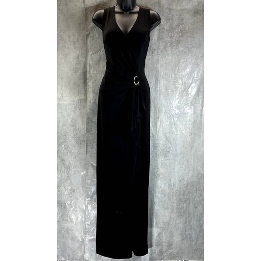 B&A BY BETSY & ADAM Women's Black V-Neck Side-Ruched Broach Gown SZ 10