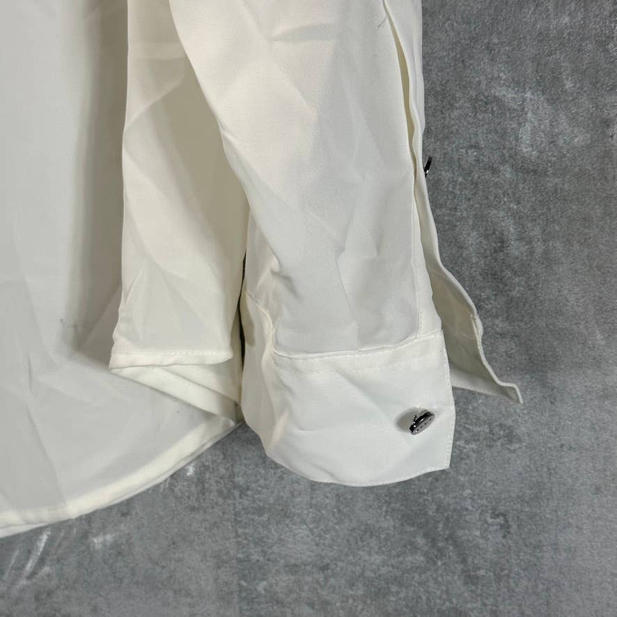 DKNY Women's Ivory Cuffed-Sleeve Hidden-Placket Top SZ L