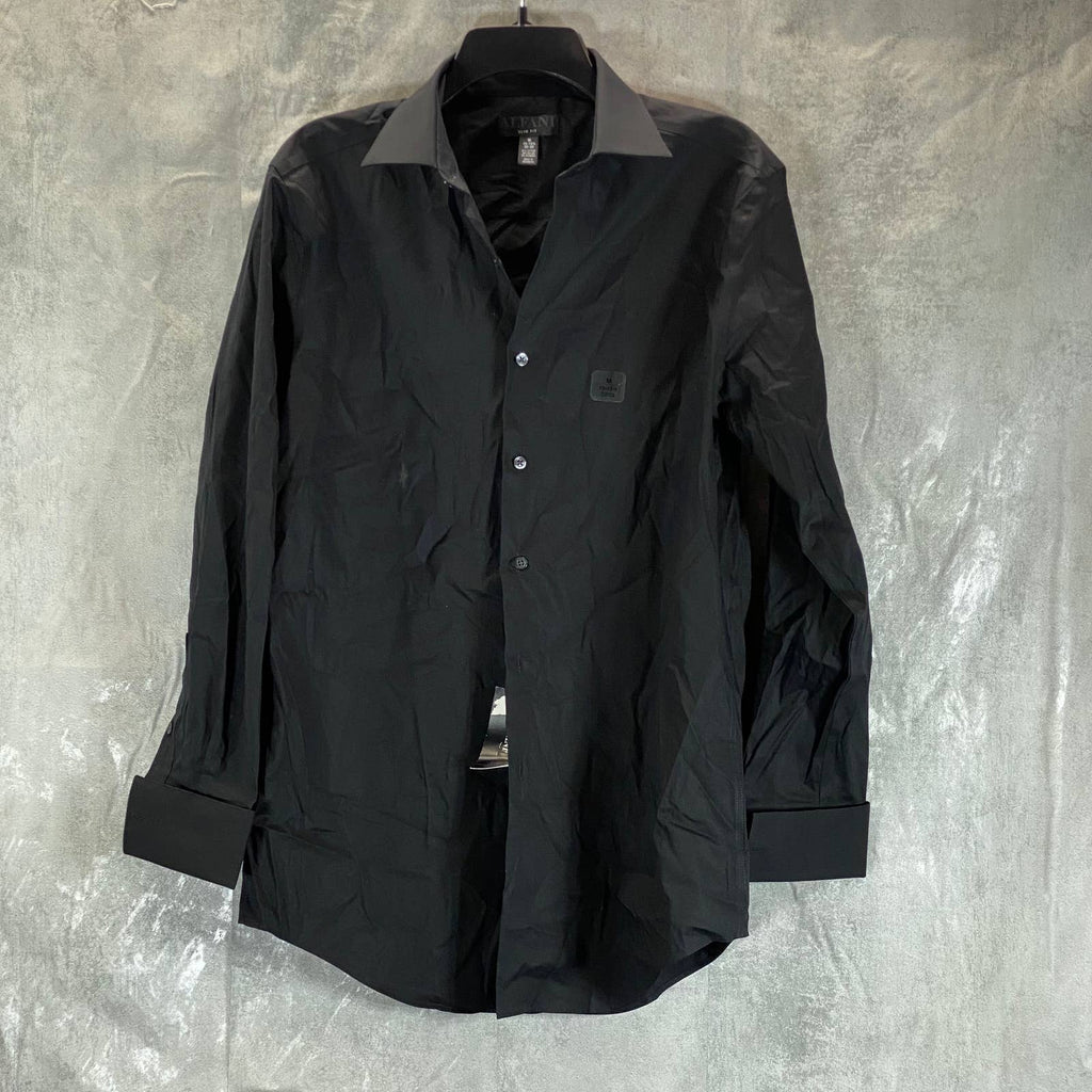 ALFANI Men's Deep Black Solid Slim-Fit 2-Way Stretch French Cuff Dress Shirt SZM