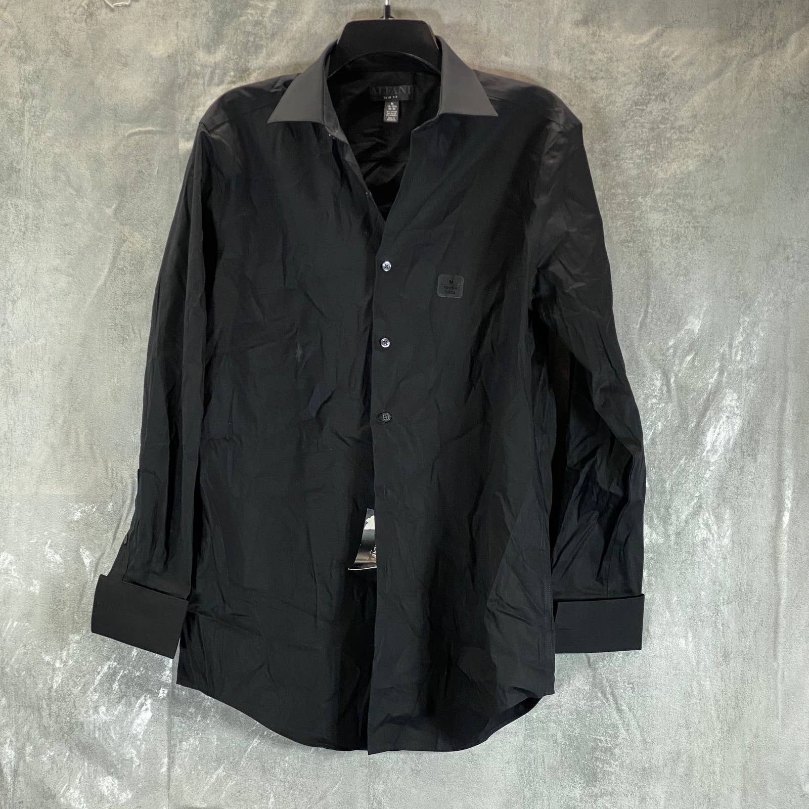 ALFANI Men's Deep Black Solid Slim-Fit 2-Way Stretch French Cuff Dress Shirt SZM
