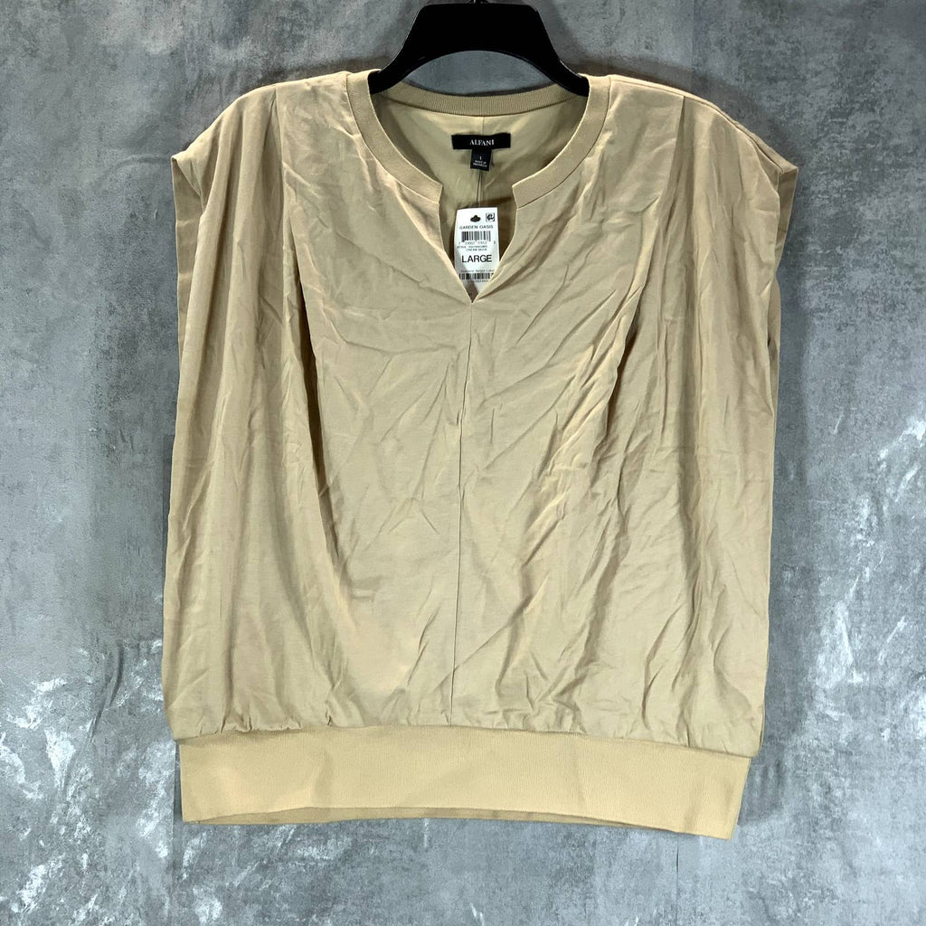 ALFANI Women's Cream Beige Band Collar V-Neck Sleeveless Blouson Top SZ L