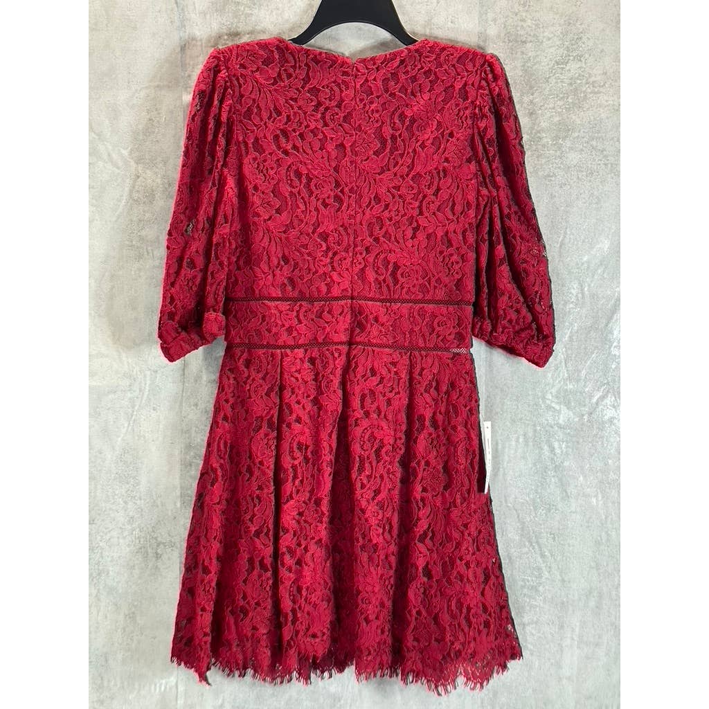 BARDOT Women's Crimson Red Kira Lace Button-Detail V-Neck Fit & Flare Mini Dress