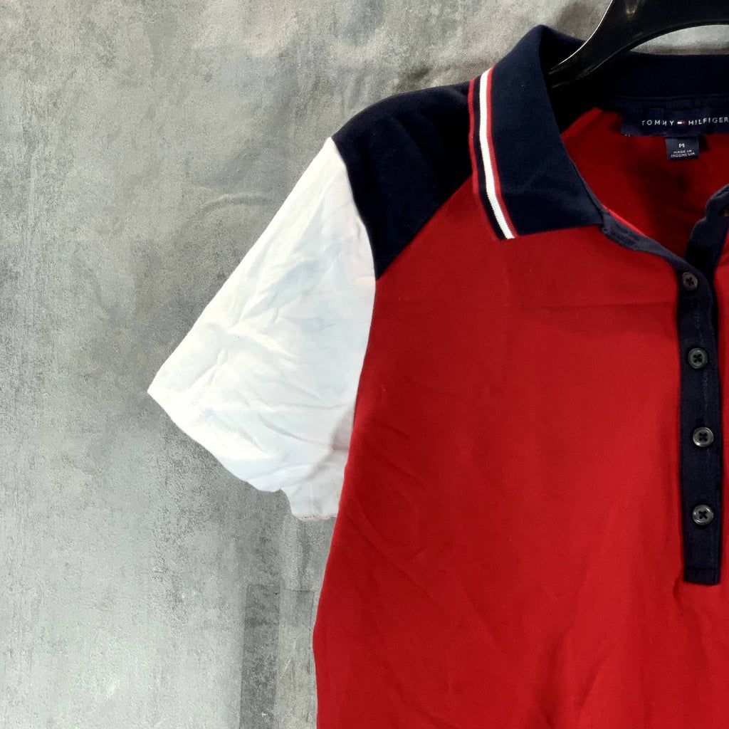 TOMMY HILFIGER Women's Colorblock Flag Logo Short Sleeve Polo Top SZ M