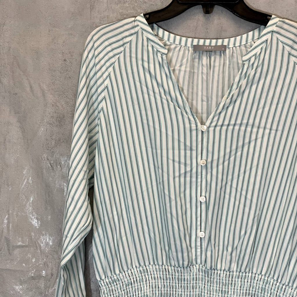 TART Collections Women's Green Stripe Sheila Smocked Waist Long Sleeve V-Neck Mini Dress SZ M