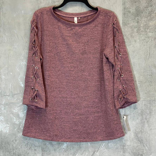 NY COLLECTION Women's Mauve 3/4 Criss Cross Grommet Detail Sleeves Scoopneck Top SZ L