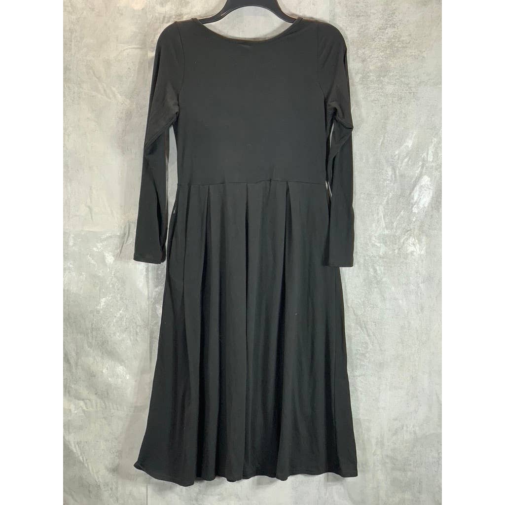 24SEVEN COMFORT APPAREL Women's Black Round-Neck Long-Sleeve Midi Dress SZ S