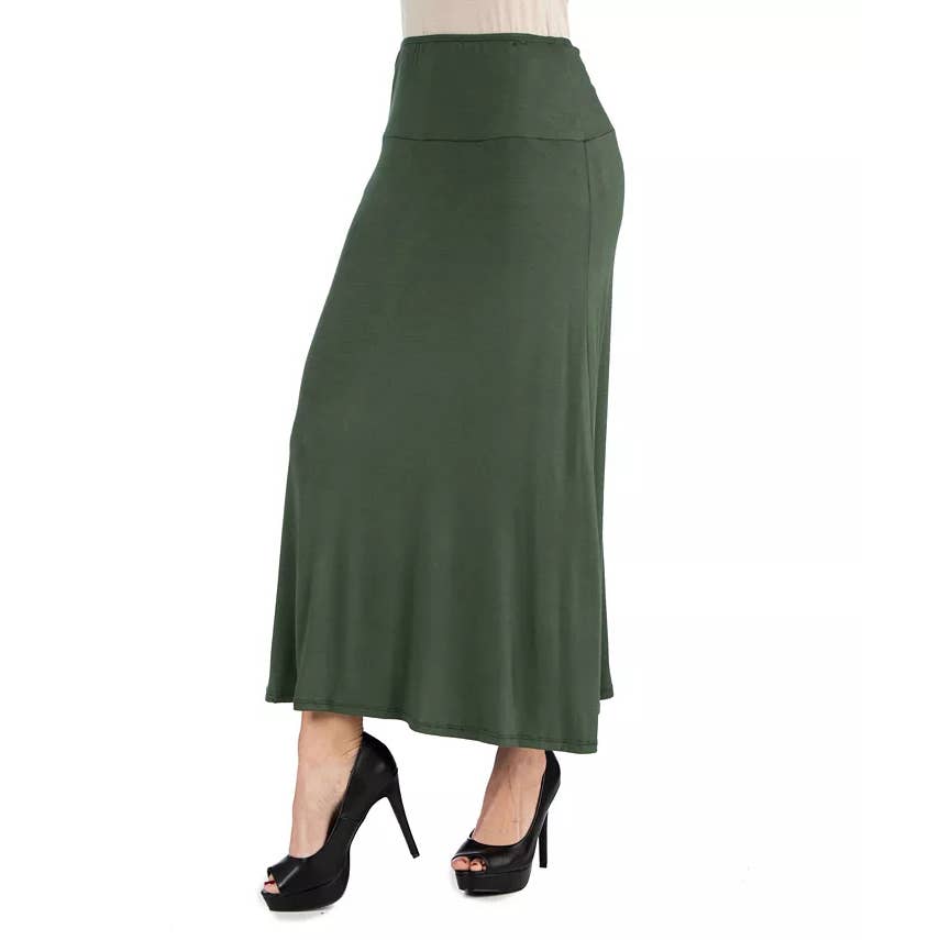 24SEVEN COMFORT APPAREL Women's Olive Elastic Waistband Loose-Fit Maxi Skirt SZL