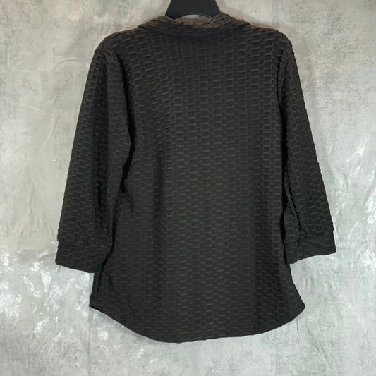 NY COLLECTION Women's Black Honeycomb Half-Zip 3/4 Sleeve Dolphin Hem Top SZ L