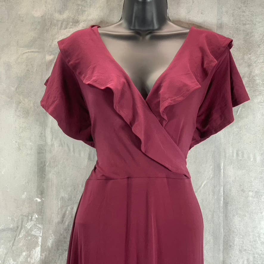 NY COLLECTION Women's Deep Burgundy Ruffle Faux-Wrap Flutter Sleeve Midi Dress L