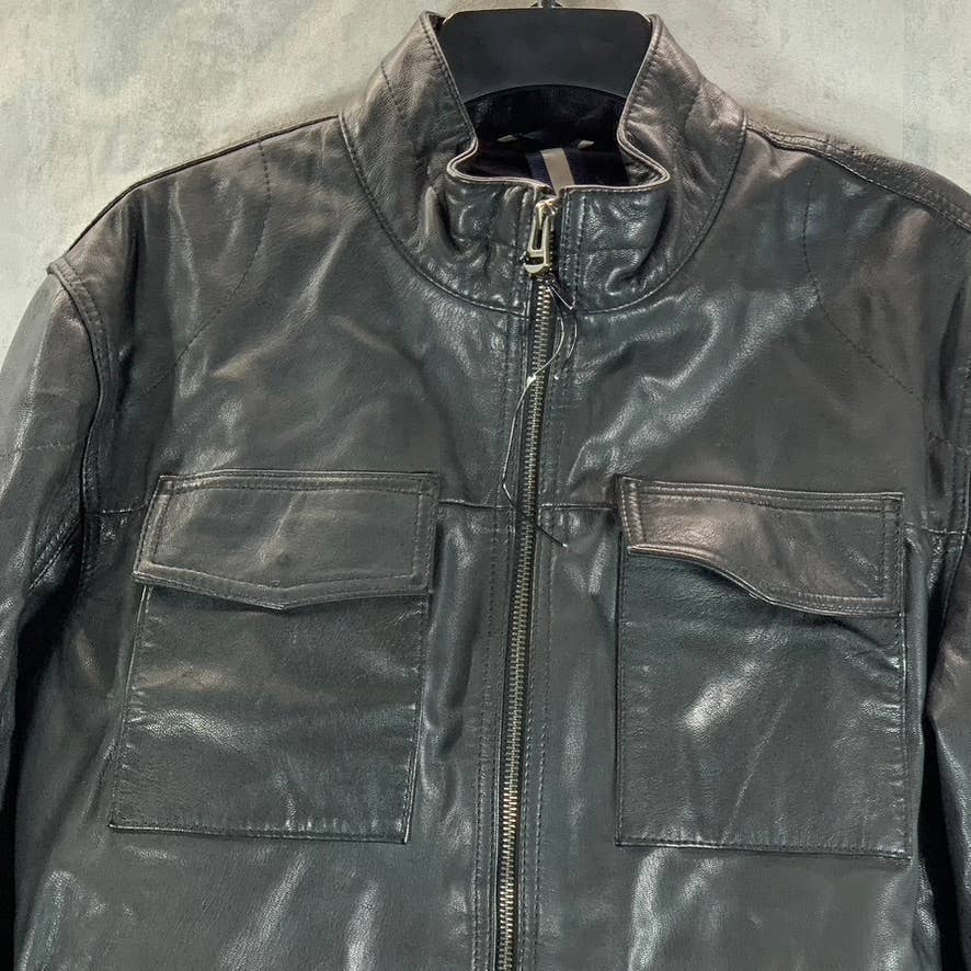 COLE HAAN Men's Solid Black Leather Mock-Collar Full-Zip Trucker Jacket SZ S