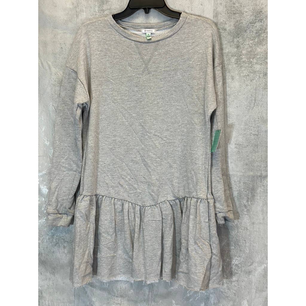 SUSINA Women's Grey Light Heather Raw Ruffle Hem Crewneck Sweater Dress SZ M