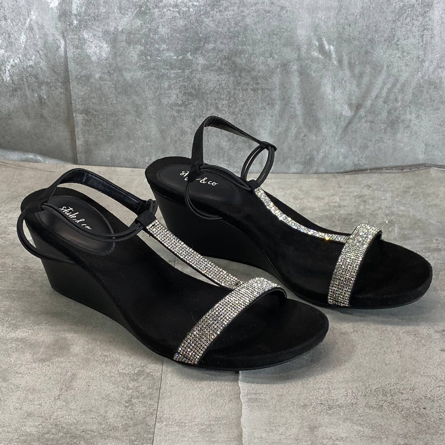 STYLE & CO Women's Black Mulan Embellished T-Strap Slingback Wedge Sandals SZ9.5