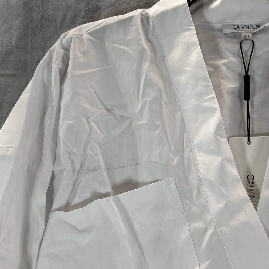 CALVIN KLEIN Women's Soft White V-Neck Tie Elbow Sleeve Top SZ S