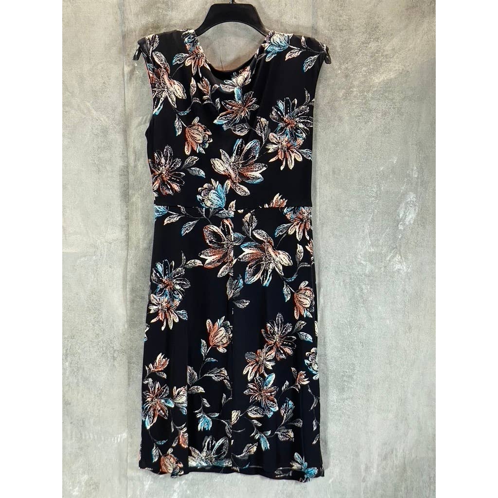 CONNECTED APPAREL Women's Petite Black Floral Faux-Wrap Midi Dress SZ 14P