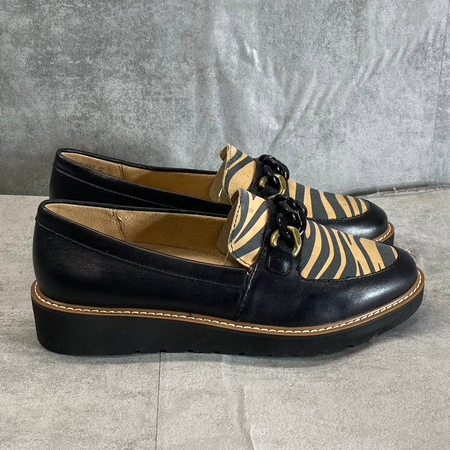 NATURALIZER Women's Black-Creme Zebra Print Chain-Detail Agnes Slip-On Loafers