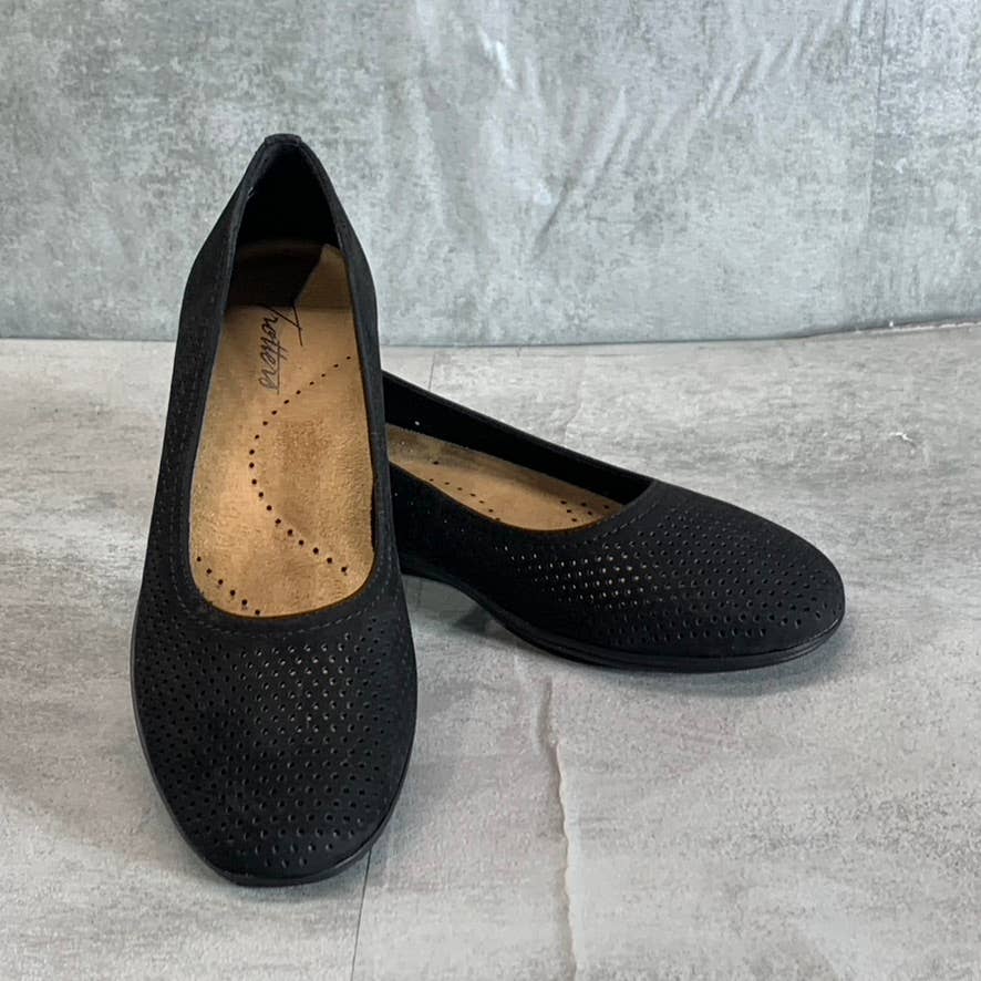 TROTTERS Women's Narrow Black Leather Darcey Perforated Round-Toe Slip-On Flats SZ 7N
