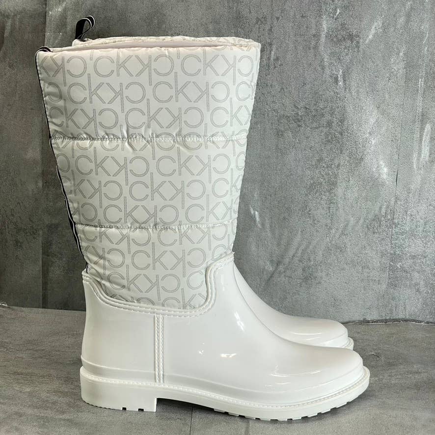 CALVIN KLEIN Women's White Suli Logo Nylon Lug Sole Block-Heel Tall Rain Boots