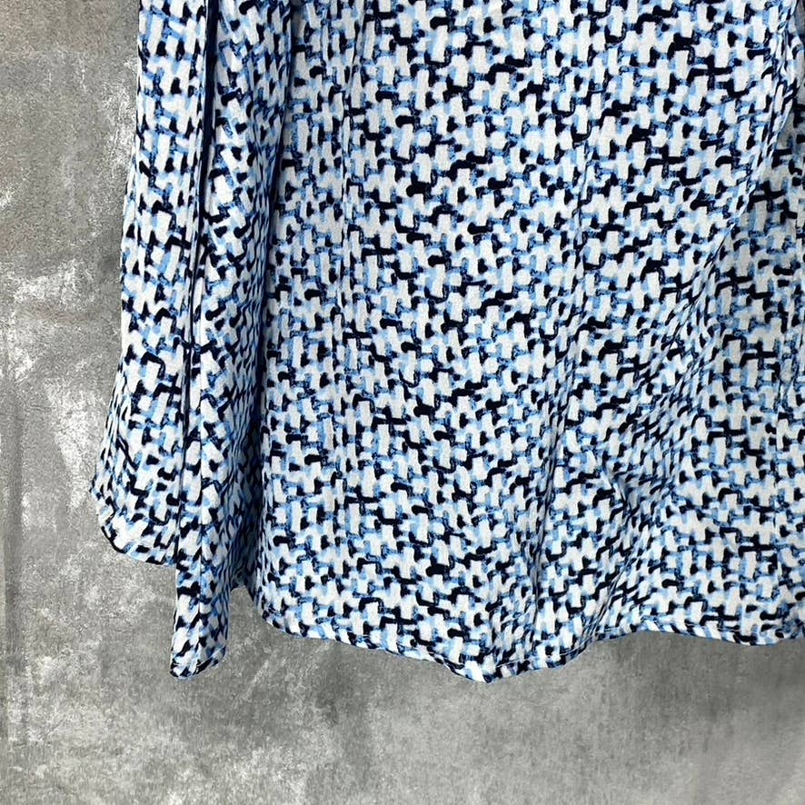 DKNY Women's Blue Printed Flutter-Sleeve V-Neck Faux-Wrap Dress SZ 14