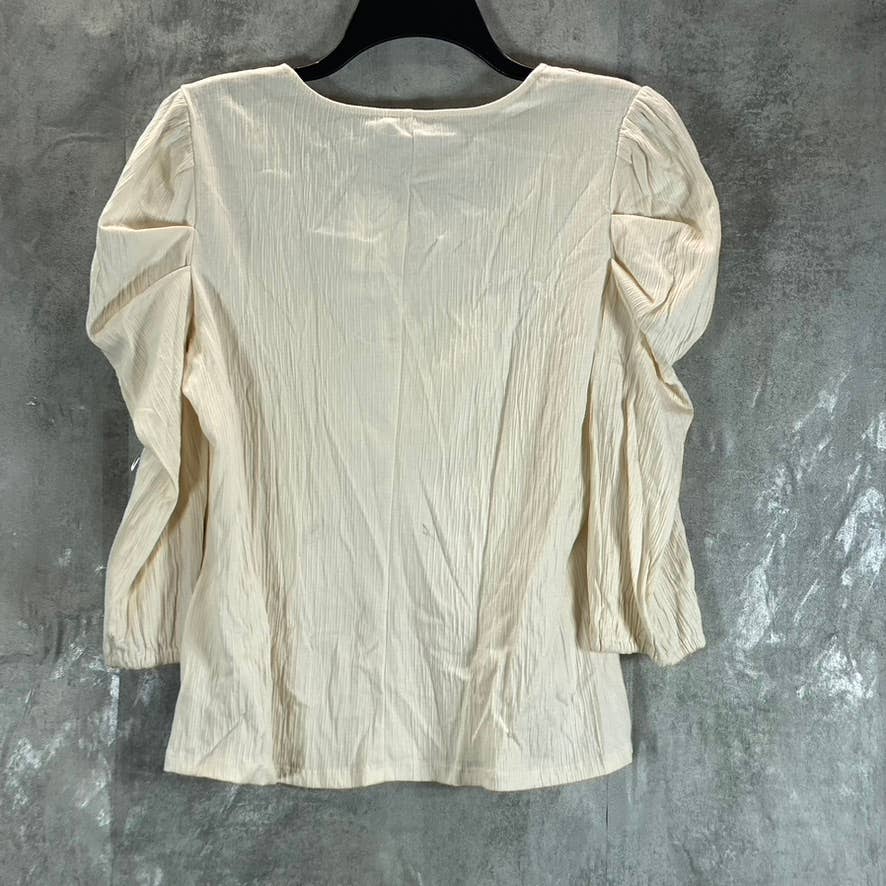 BAR III Women's Ivory Puff-Sleeve Straight-Neck Textured Top SZ L