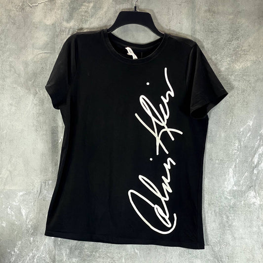 CALVIN KLEIN Women's Black Signature Logo Crewneck Short-Sleeve Tee SZ M